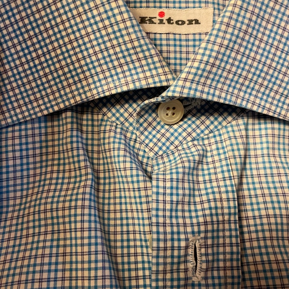 KITON NAPOLI 16/41 Made In Italy Blue Small Grid Check 100% Cotton Dress Shirt